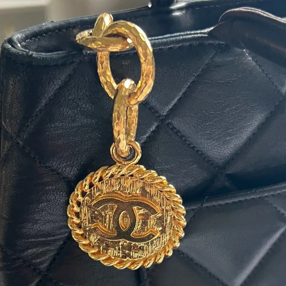 Vintage Chanel Black Quilted Lambskin Medallion Tote and CC Lambskin Flap Wallet
